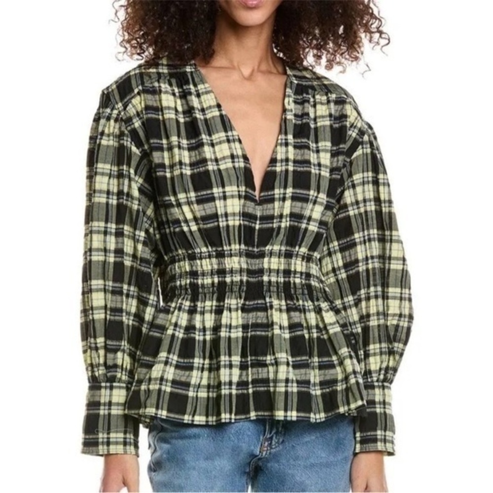 GANNI Seersucker Yellow Plaid Babydoll Shirt Blouse Womens 34 Top MSRP $295